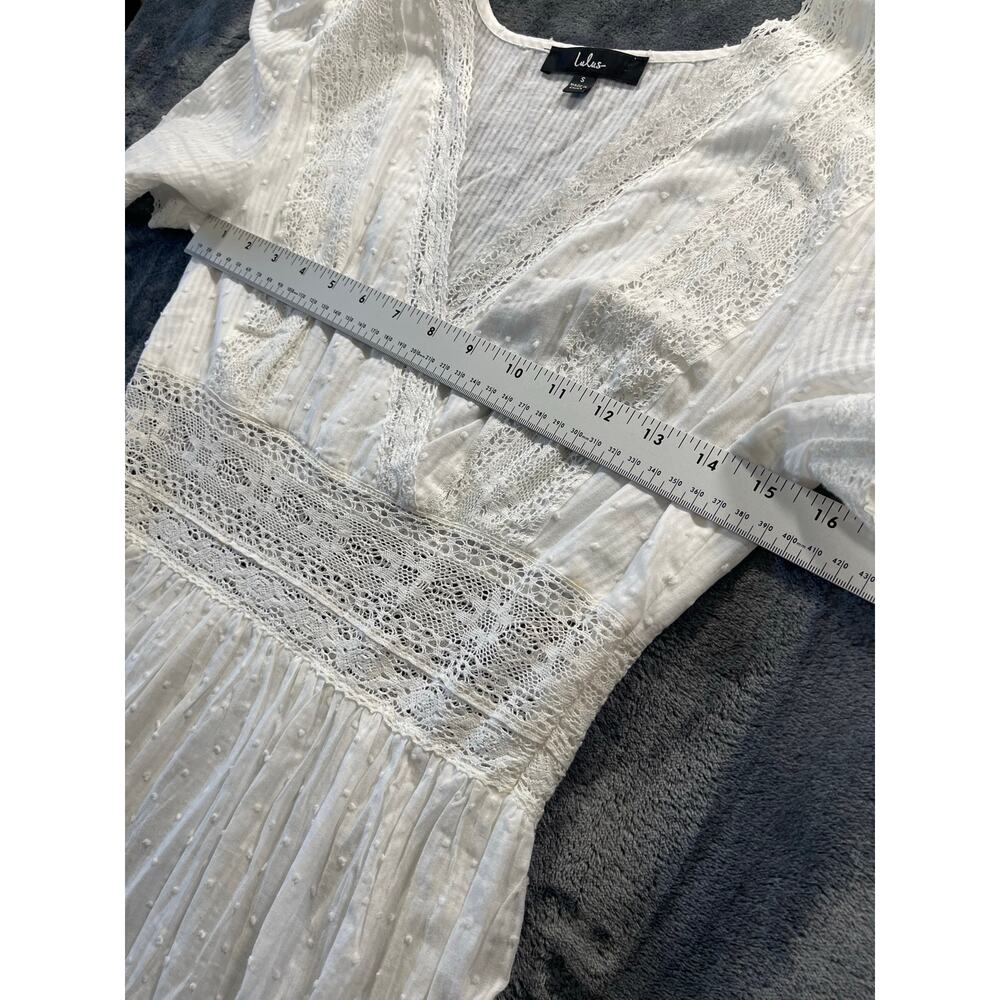 Lulus Small White Maxi Dress Swiss Dot Crochet Lace Wrap V-Neck Short Sleeve - Picture 3 of 10